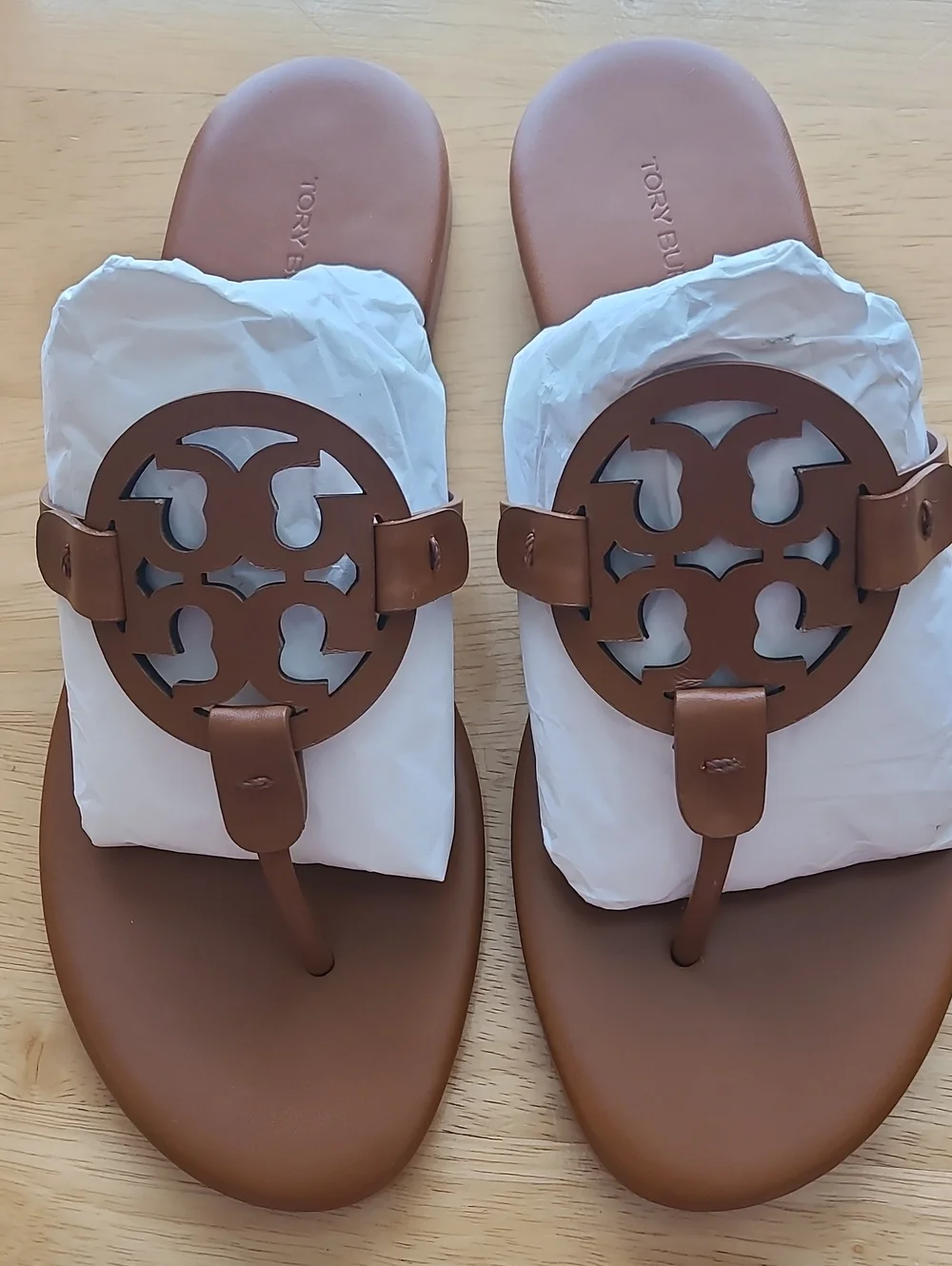 NWT Tory Burch Miller A-With Women's Calf Leather Bourbon Miele Tan Sandals Sz 8